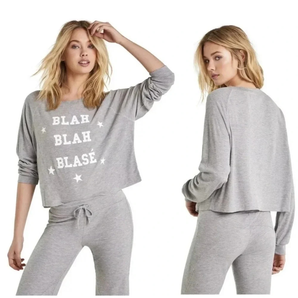 New Wildfox Blah Blah Blase Monte Crop Thermal heather waffle Henley top lounge